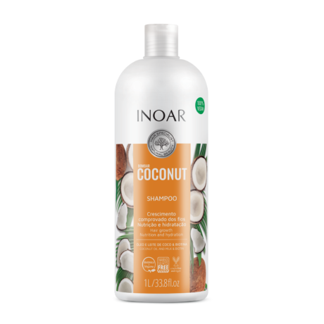 inoar coconut shampoo made with coconut oil and milk, shea butter, vitamin c