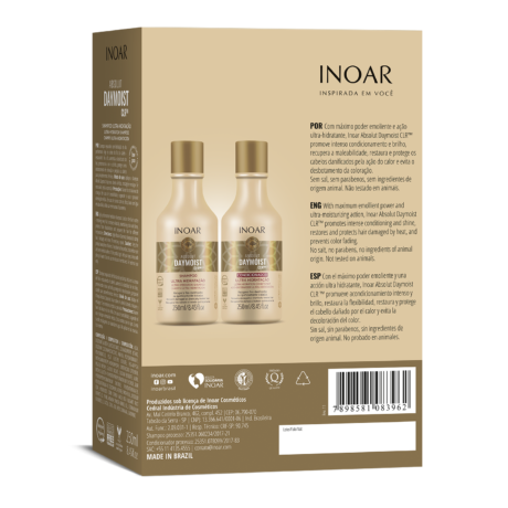 inoar absolut daymoist shampoo and conditioner with flower extract and vitamin c to keep hair hydrated and healthy