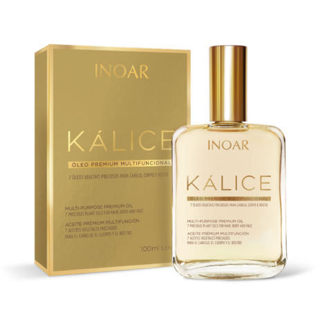 inoar kalice oil multifunctional developed with 7 different oils: argan, myrrh, macadamia, ojon, sweet almonds, jasmine, and rosemary