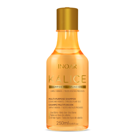 inoar kalice shampoo developed with 7 different oils: argan, myrrh, macadamia, ojon, sweet almonds, jasmine, and rosemary