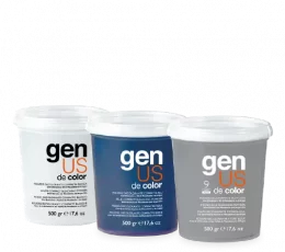 GenUS White, blue and 9 tones blue compact bleaching powder with Keratin and Macadamia and Argan Oils. Product suitable for streaks and intensive bleaching, perfect for all lightening techniques