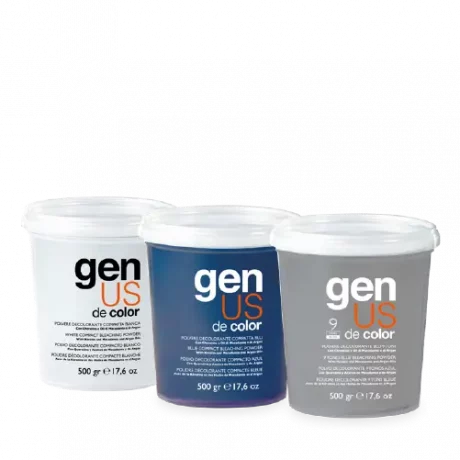 GenUS White, blue and 9 tones blue compact bleaching powder with Keratin and Macadamia and Argan Oils. Product suitable for streaks and intensive bleaching, perfect for all lightening techniques